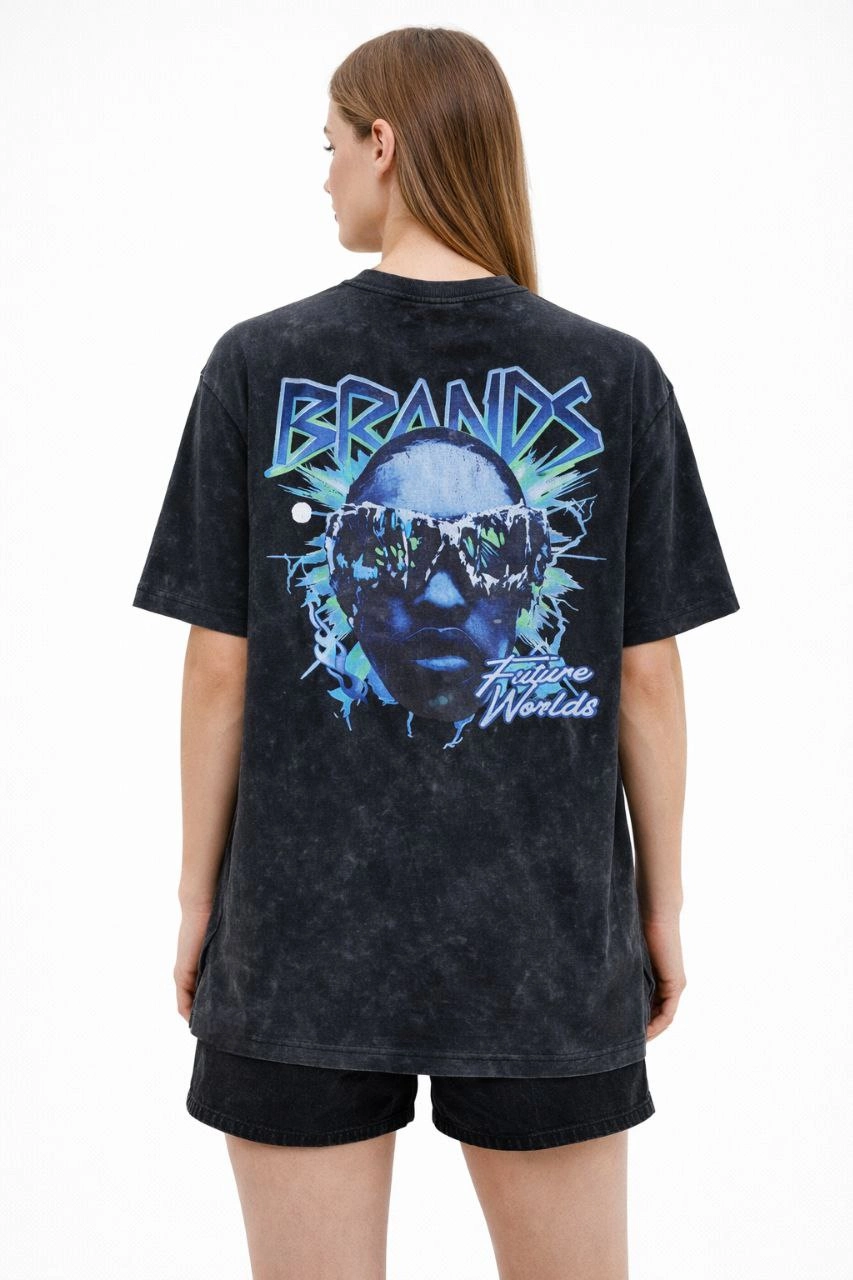 6991b5377e76b-93082085-sw853sh1280 Kadın Asit Yıkamalı Oversize Tişört Bisiklet Yaka Kısa Kol T-shirt - Siyah - Görsel 2