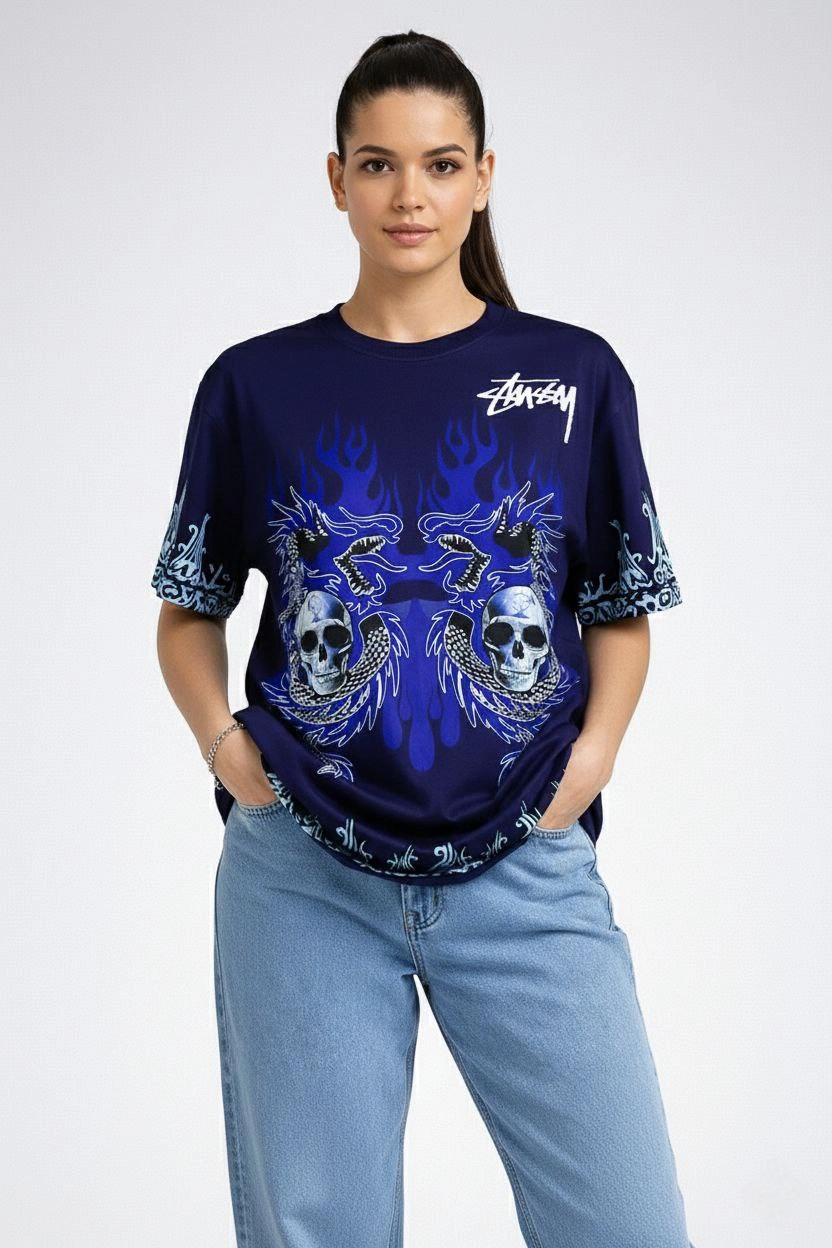 6991b61f1494c-92955726-sw832sh1248 Kadın Oversize Tişört Dragon & Kuru Kafa Baskılı Bisiklet Yaka T-Shirt - Lacivert - Görsel 2