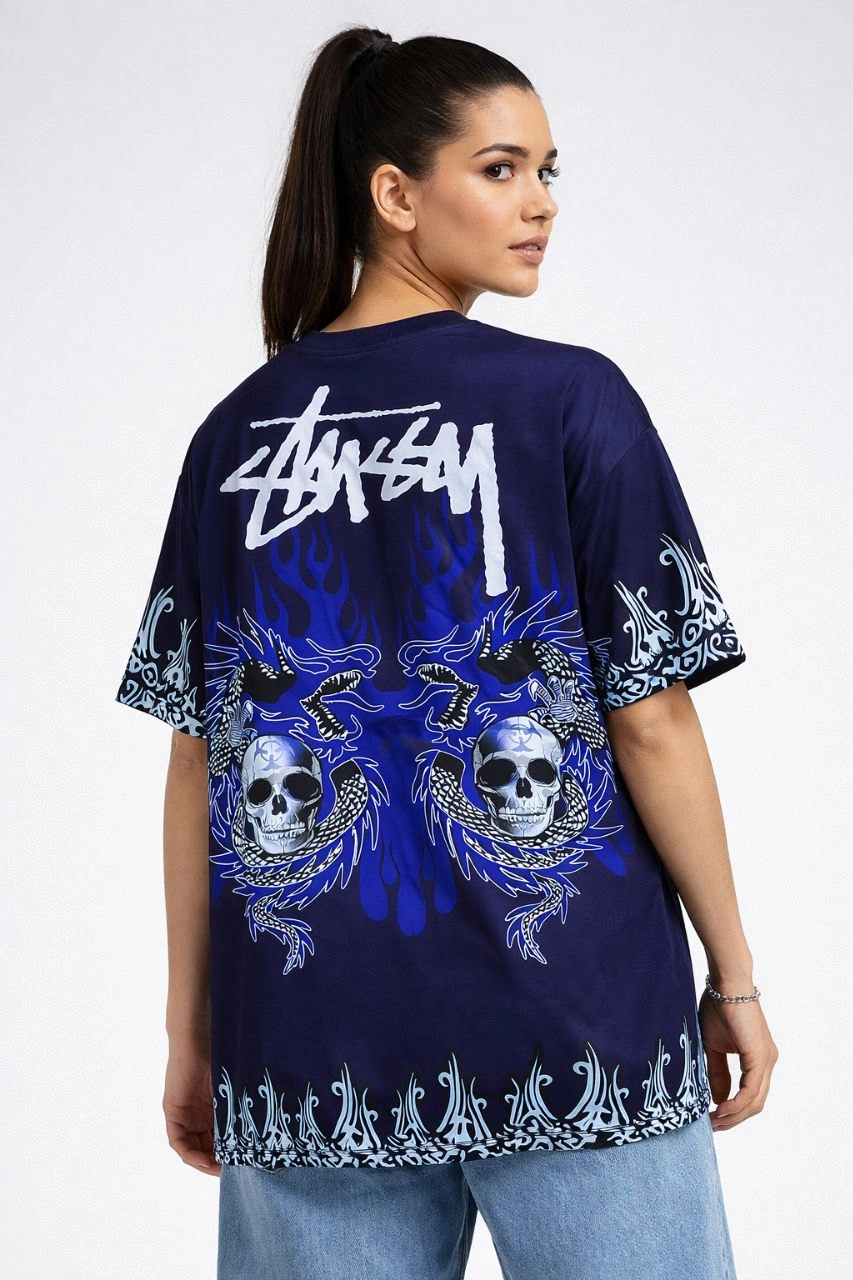 6991b61f284ea-90344238-sw853sh1280 Kadın Oversize Tişört Dragon & Kuru Kafa Baskılı Bisiklet Yaka T-Shirt - Lacivert