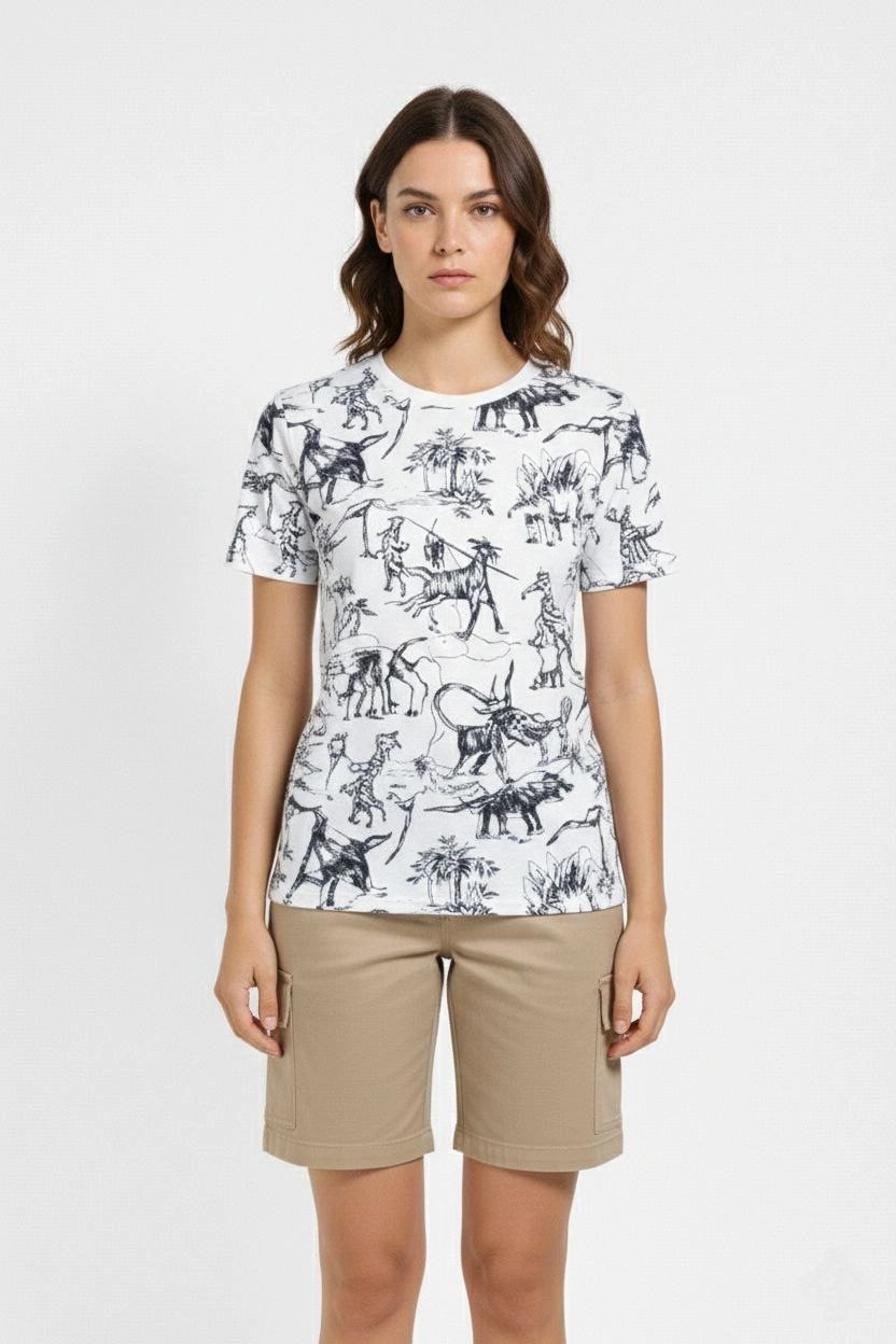 6995a16feaa1b-9162498-sw832sh1248 Kadın Dinozor Dijıtal ön ve arka Baskılı Tişört Bisiklet Yaka T-Shirt - Beyaz - Görsel 2