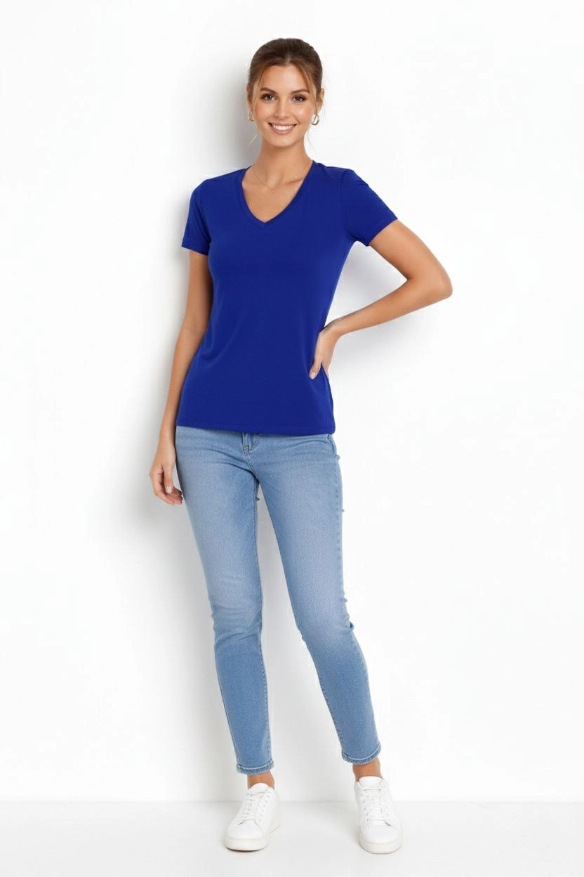 6995d220c700f-36337740-sw832sh1248 Kadın T-Shirt V Yaka Slim Fit Likralı Tişört Yazlık Basic Body - İndigo - Görsel 2