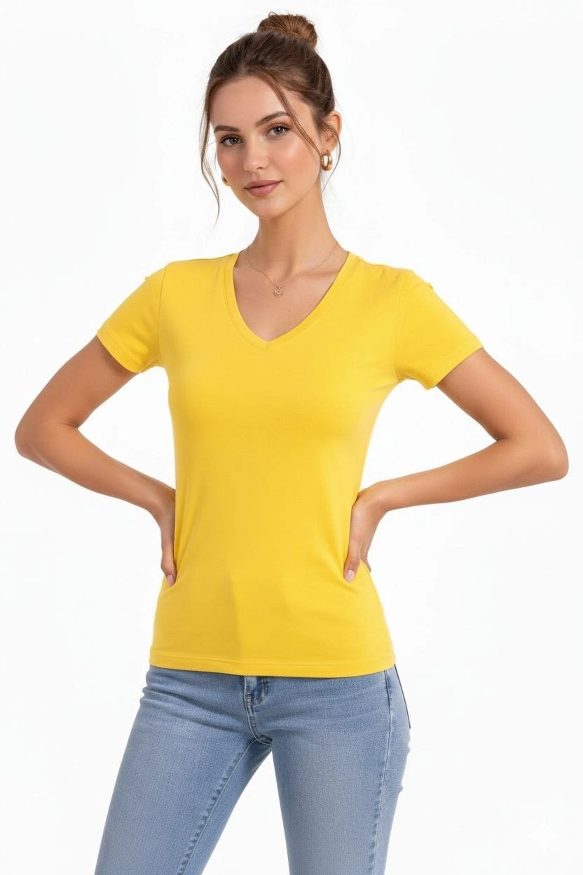6995d289cdbcb-42172647-sw832sh1248 Kadın T-Shirt V Yaka Slim Fit Likralı Tişört Yazlık Basic Body - Sarı