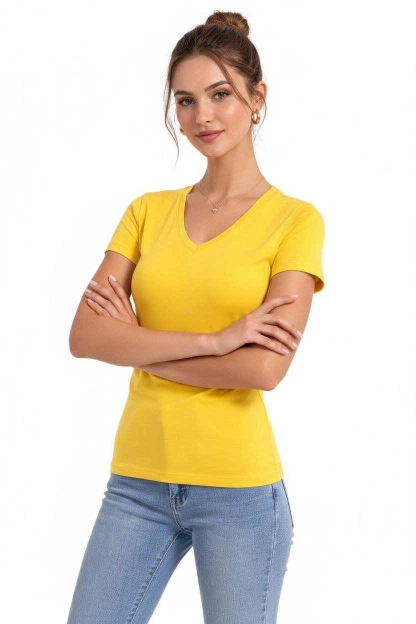 6995d289d0310-60995211-sw832sh1248 Kadın T-Shirt V Yaka Slim Fit Likralı Tişört Yazlık Basic Body - Sarı - Görsel 2