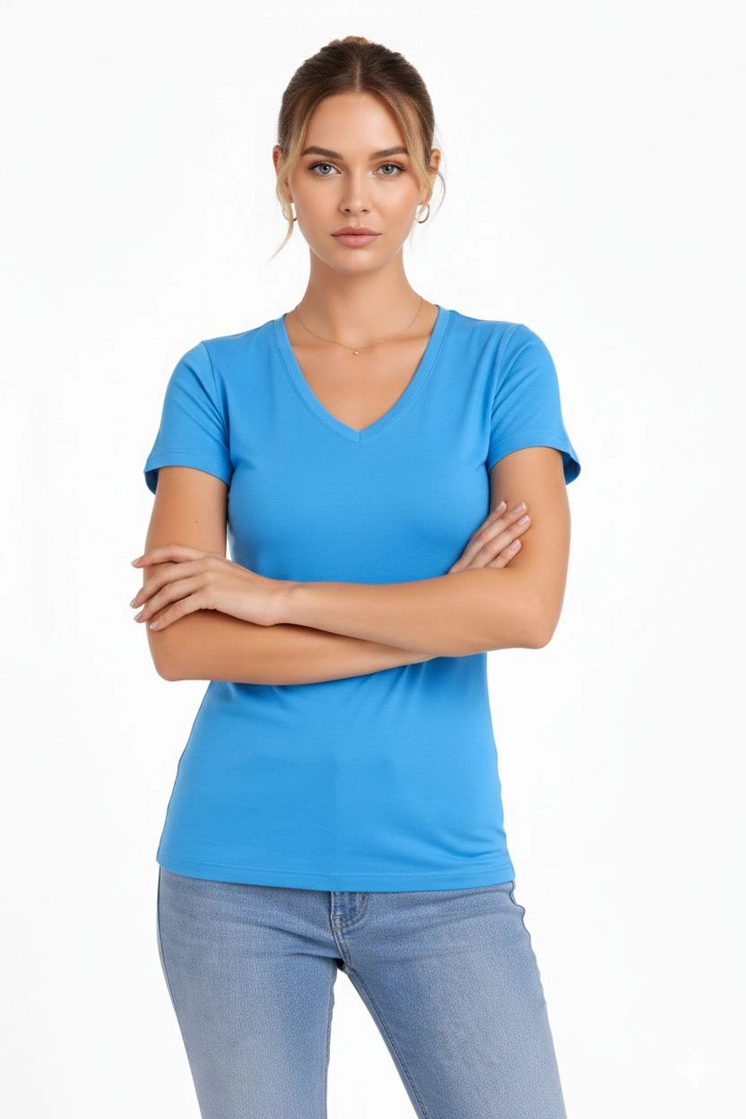 6995db734e761-14888537-sw832sh1248 Kadın T-Shirt V Yaka Slim Fit Likralı Tişört Yazlık Basic Body - Açık Mavi