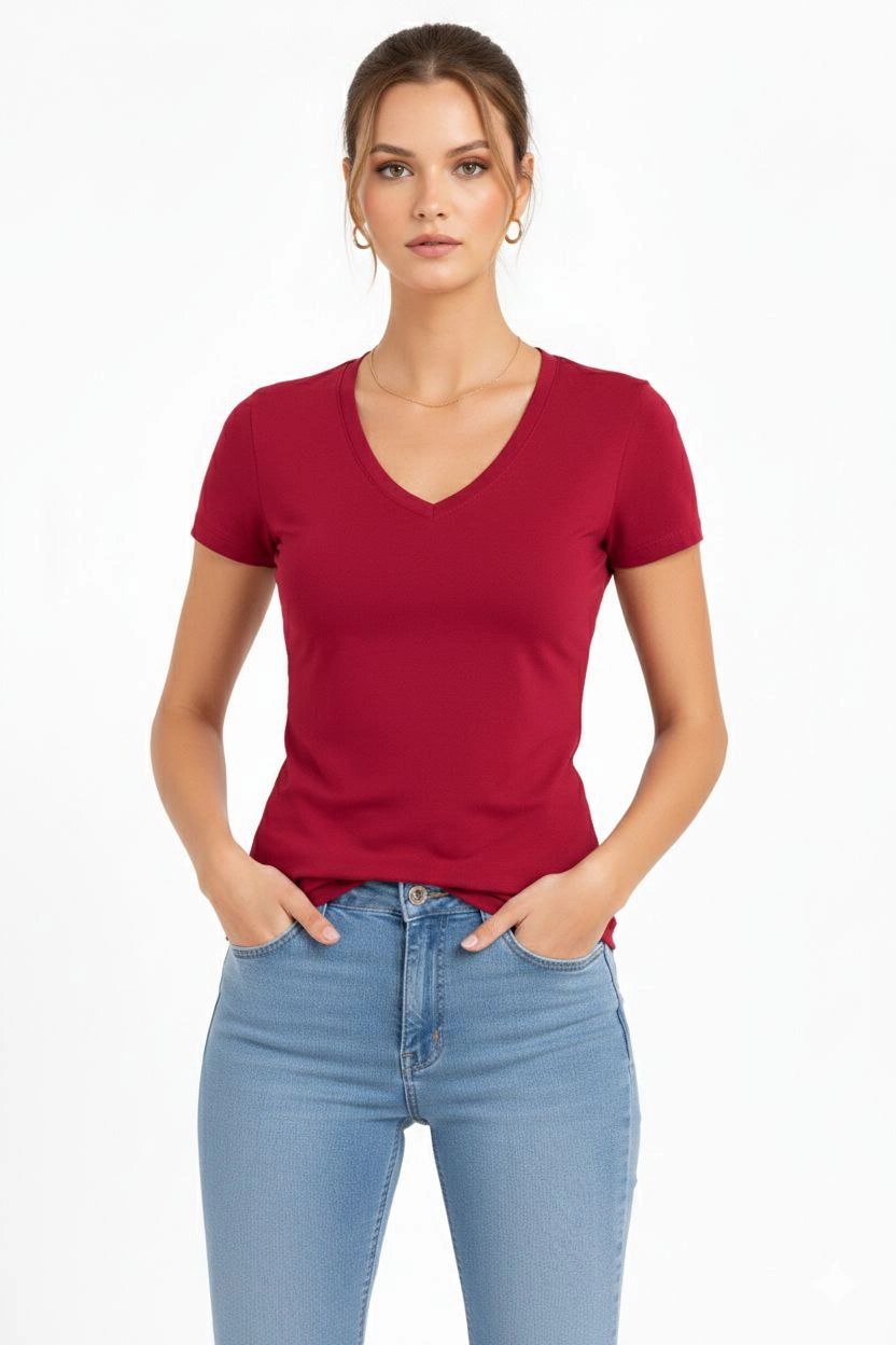 6995e3ceb791d-19925960-sw832sh1248 Kadın T-Shirt V Yaka Slim Fit Likralı Tişört Yazlık Basic Body - Kırmızı - Görsel 2