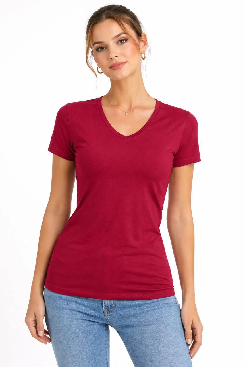 6995e3cec6630-91375960-sw853sh1280 Kadın T-Shirt V Yaka Slim Fit Likralı Tişört Yazlık Basic Body - Kırmızı