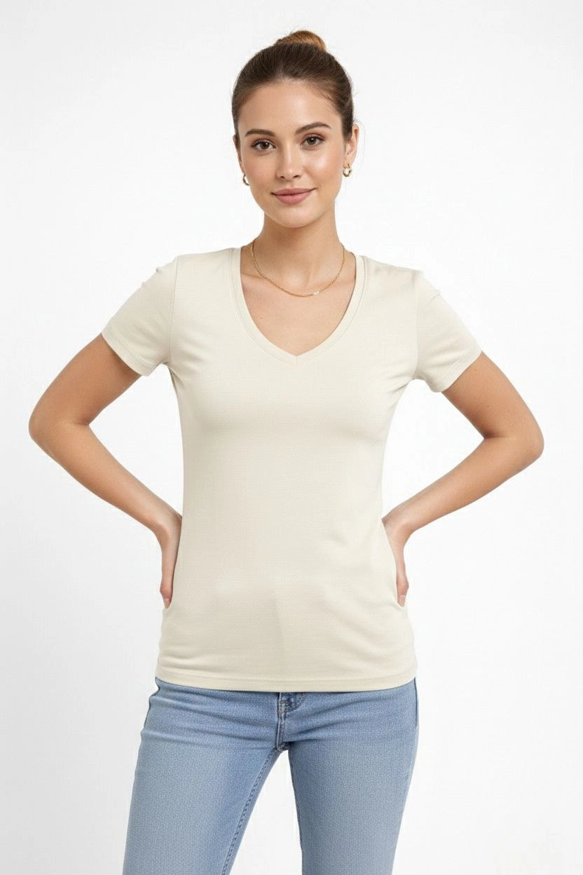 6995e507550bd-22486744-sw832sh1248 Kadın T-Shirt V Yaka Slim Fit Likralı Tişört Yazlık Basic Body - Taş