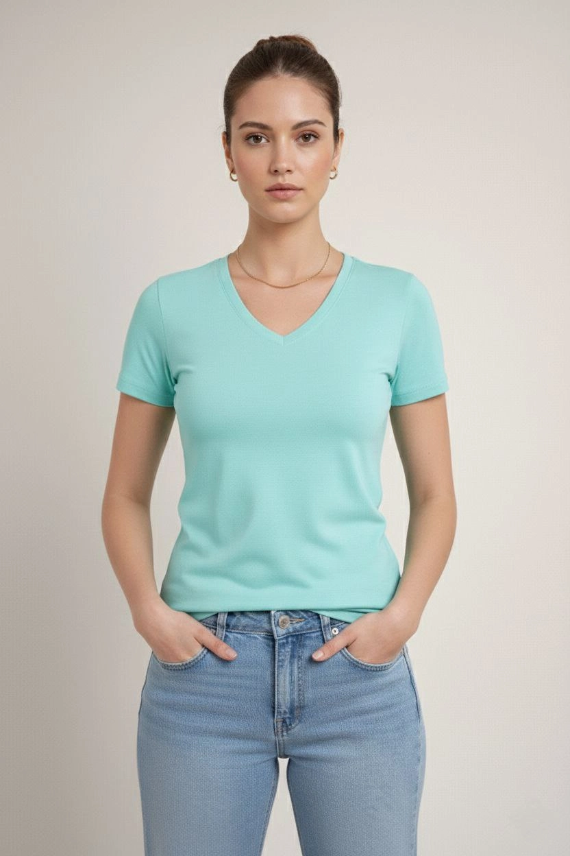 6995e92bbe56c-83639187-sw832sh1248 Kadın T-Shirt V Yaka Slim Fit Likralı Tişört Yazlık Basic Body - Turkuvaz - Görsel 2