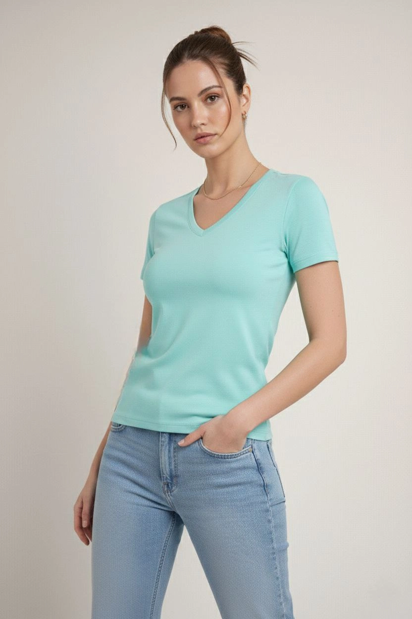 6995e92bc1a0e-87874099-sw832sh1248 Kadın T-Shirt V Yaka Slim Fit Likralı Tişört Yazlık Basic Body - Turkuvaz