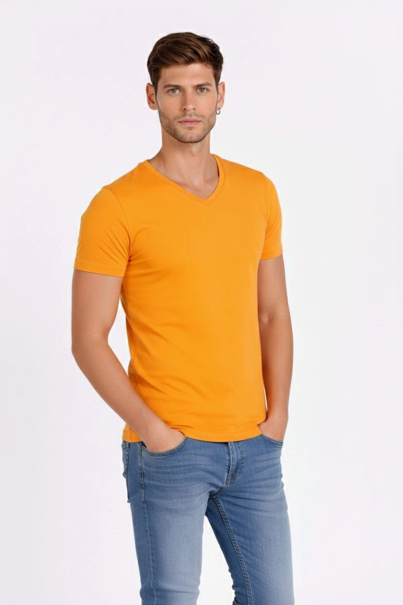 6996ec8b15f2c-80138978-sw832sh1248 Erkek Body T-shirt V Yaka Slim Fit Likralı Kısa kol Tişört - Sarı - Görsel 2