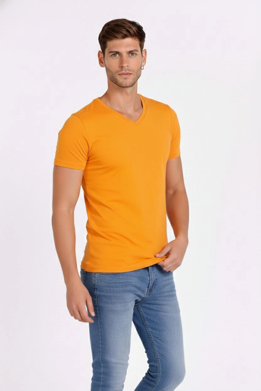 6996ec8b1709b-58536532-sw832sh1248 Erkek Body T-shirt V Yaka Slim Fit Likralı Kısa kol Tişört - Sarı