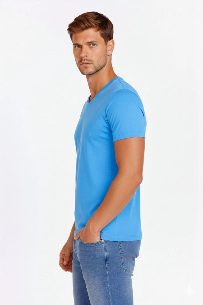 6996ece989472-64066821-sw832sh1248 Erkek Body T-shirt V Yaka Slim Fit Likralı Kısa kol Tişört - Açık Mavi - Görsel 2