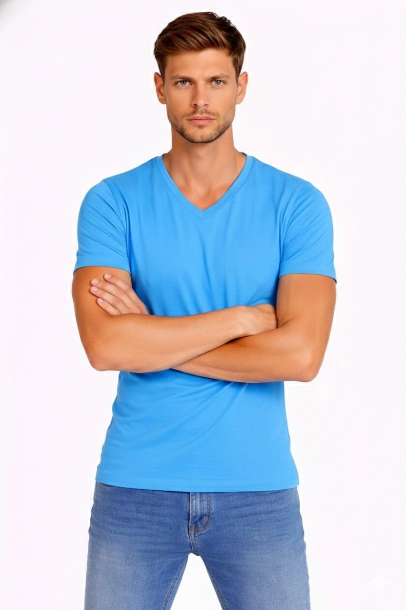 6996ece9914e4-99499858-sw832sh1248 Erkek Body T-shirt V Yaka Slim Fit Likralı Kısa kol Tişört - Açık Mavi