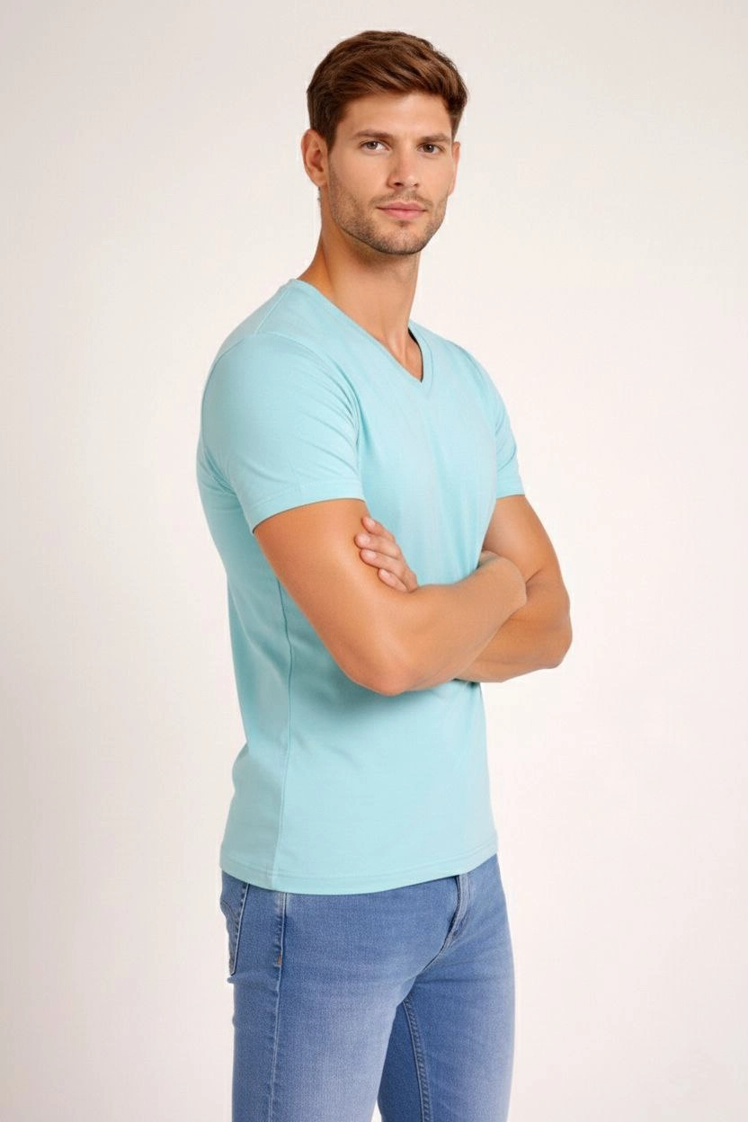 6996fed1bf947-60270673-sw832sh1248 Erkek Body T-shirt V Yaka Slim Fit Likralı Kısa kol Tişört - Turkuvaz