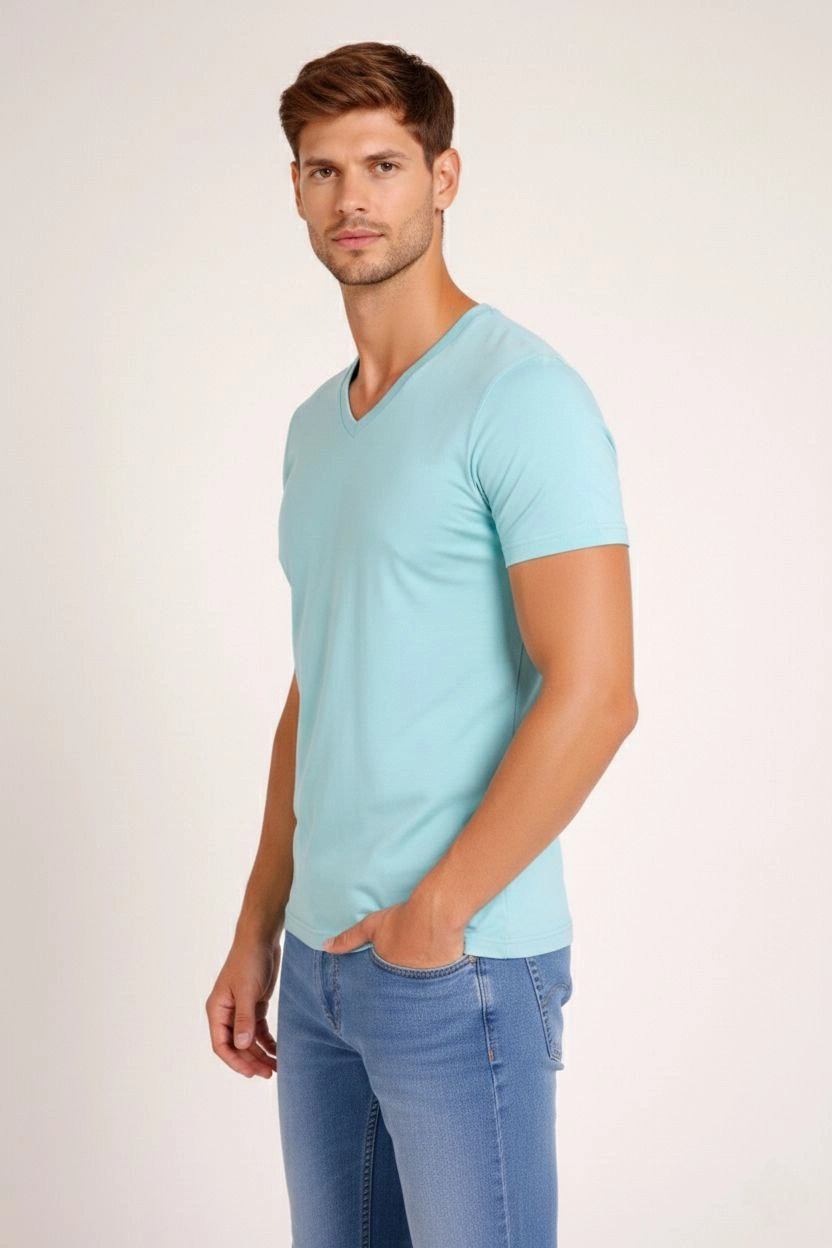 6996fed1d3148-75114777-sw832sh1248 Erkek Body T-shirt V Yaka Slim Fit Likralı Kısa kol Tişört - Turkuvaz - Görsel 2