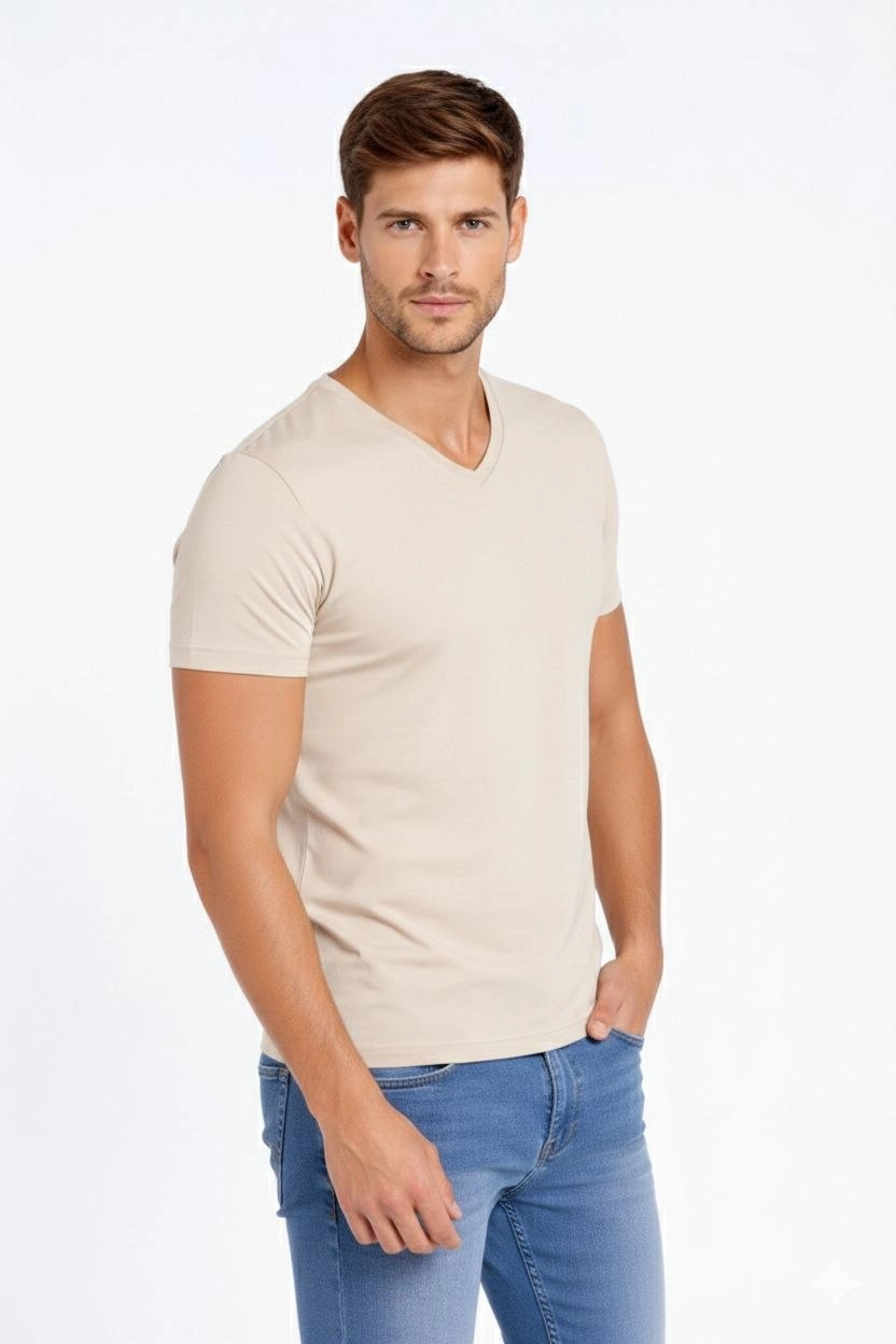 6996fefa948aa-701244-sw832sh1248 Erkek Body T-shirt V Yaka Slim Fit Likralı Kısa kol Tişört - Taş - Görsel 2