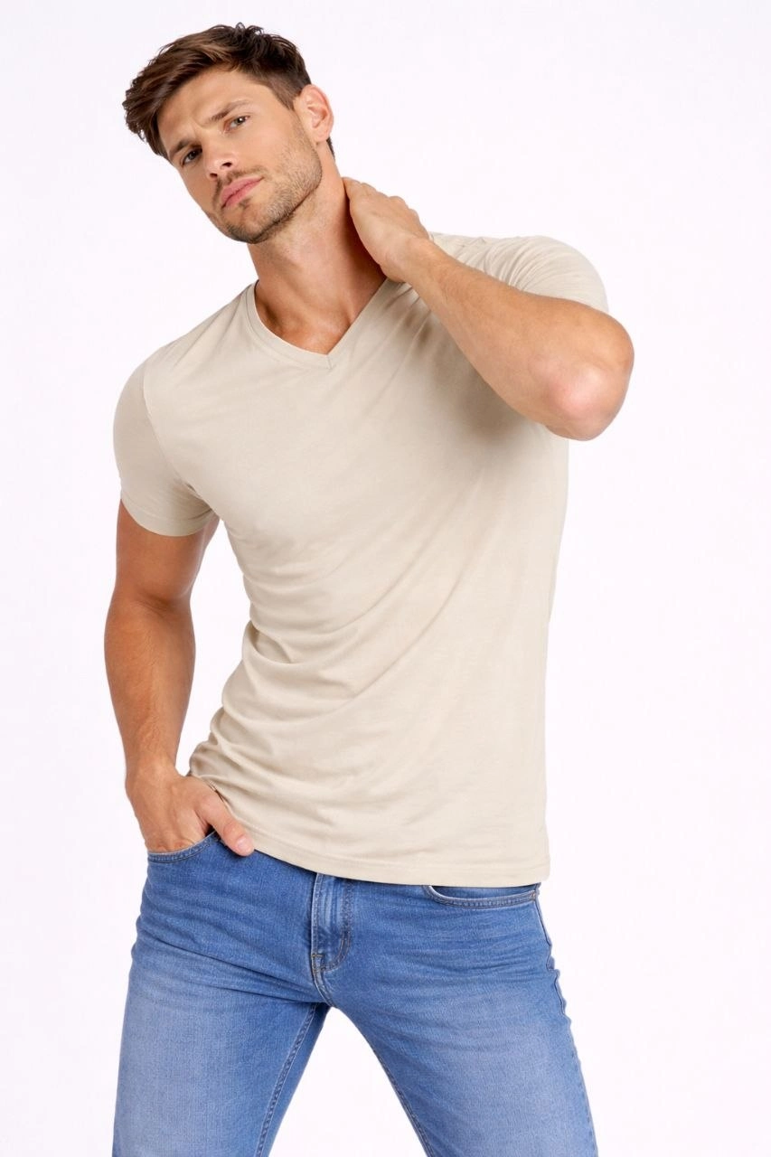 6996fefa9bf3f-13015449-sw853sh1280 Erkek Body T-shirt V Yaka Slim Fit Likralı Kısa kol Tişört - Taş