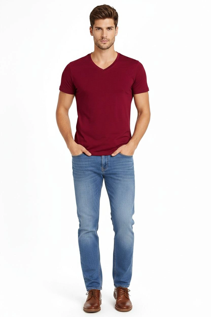6996ffb57a10f-85991095-sw832sh1248 Erkek Body T-shirt V Yaka Slim Fit Likralı Kısa kol Tişört - Bordo - Görsel 2
