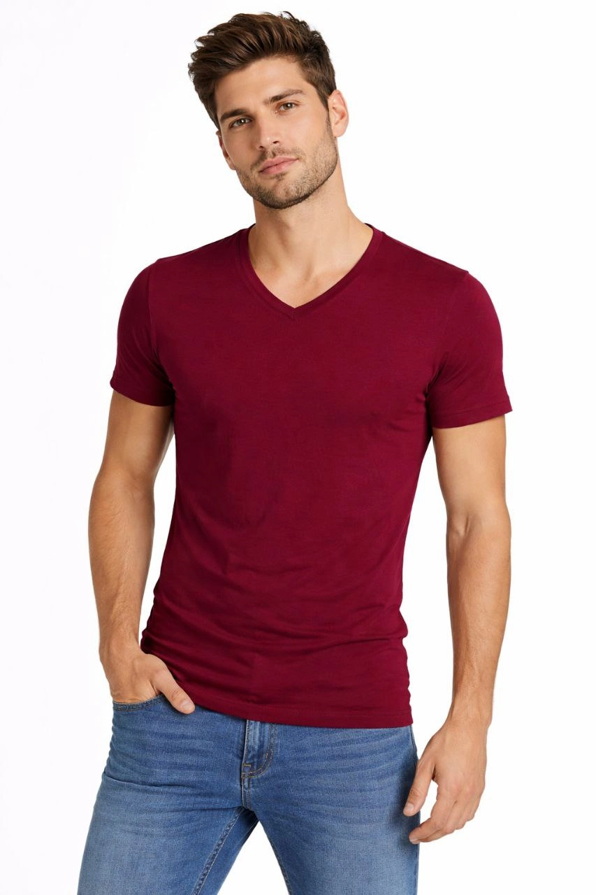 6996ffb58f26d-11672723-sw853sh1280 Erkek Body T-shirt V Yaka Slim Fit Likralı Kısa kol Tişört - Bordo
