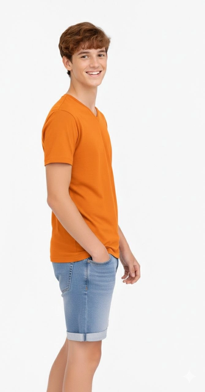 699705ab5815d-12789137-sw669sh1280 Genç Erkek Çocuk V Yaka Tişört Model - Turuncu - Görsel 2