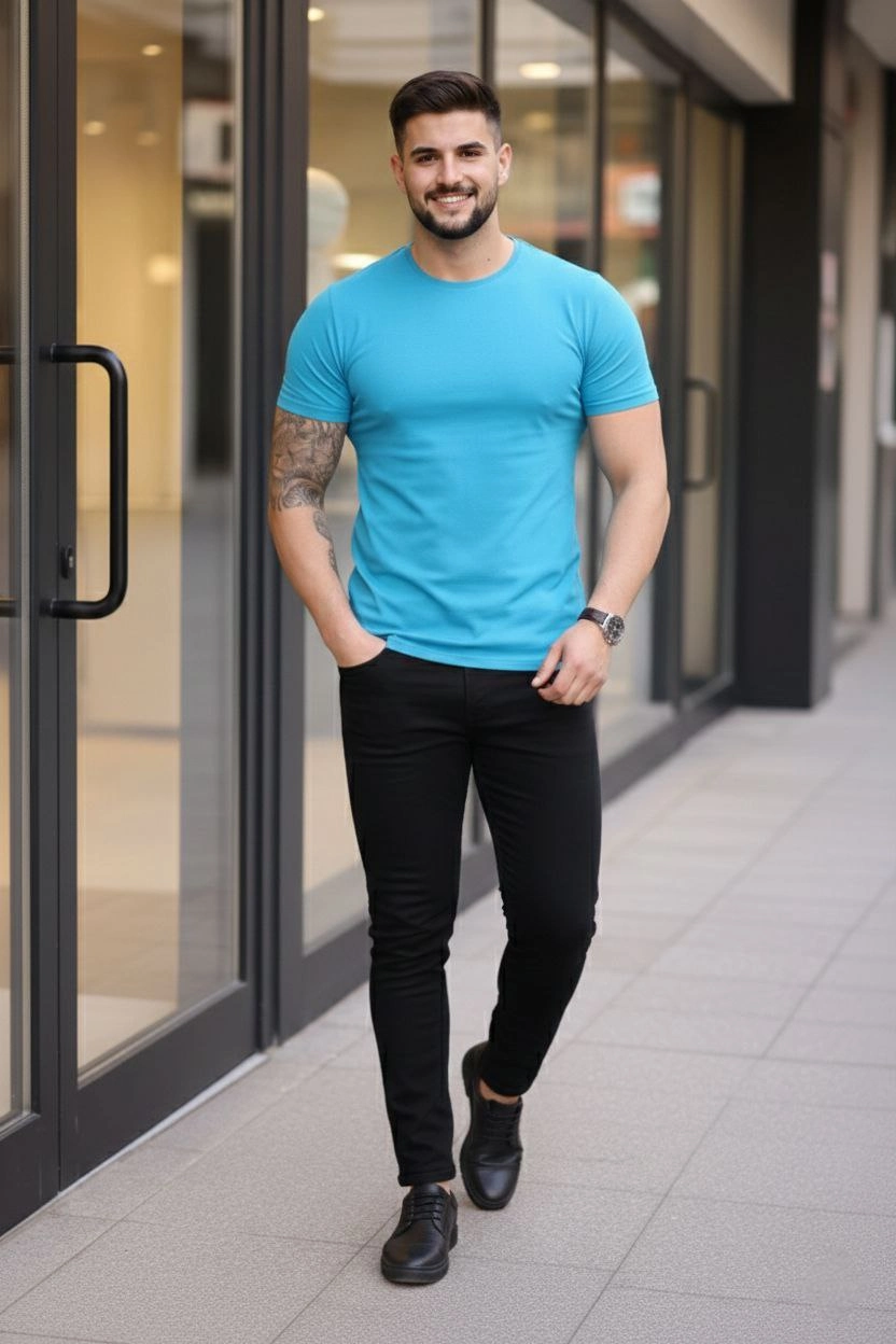 6998319c4c59e-77155319-sw832sh1248 Erkek Body Tişört Bisiklet Yaka Slim Fit Likralı T-Shirt - Açık Mavi - Görsel 2