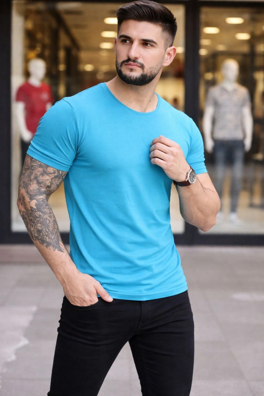 6998319c52583-8650519-sw853sh1280 Erkek Body Tişört Bisiklet Yaka Slim Fit Likralı T-Shirt - Açık Mavi