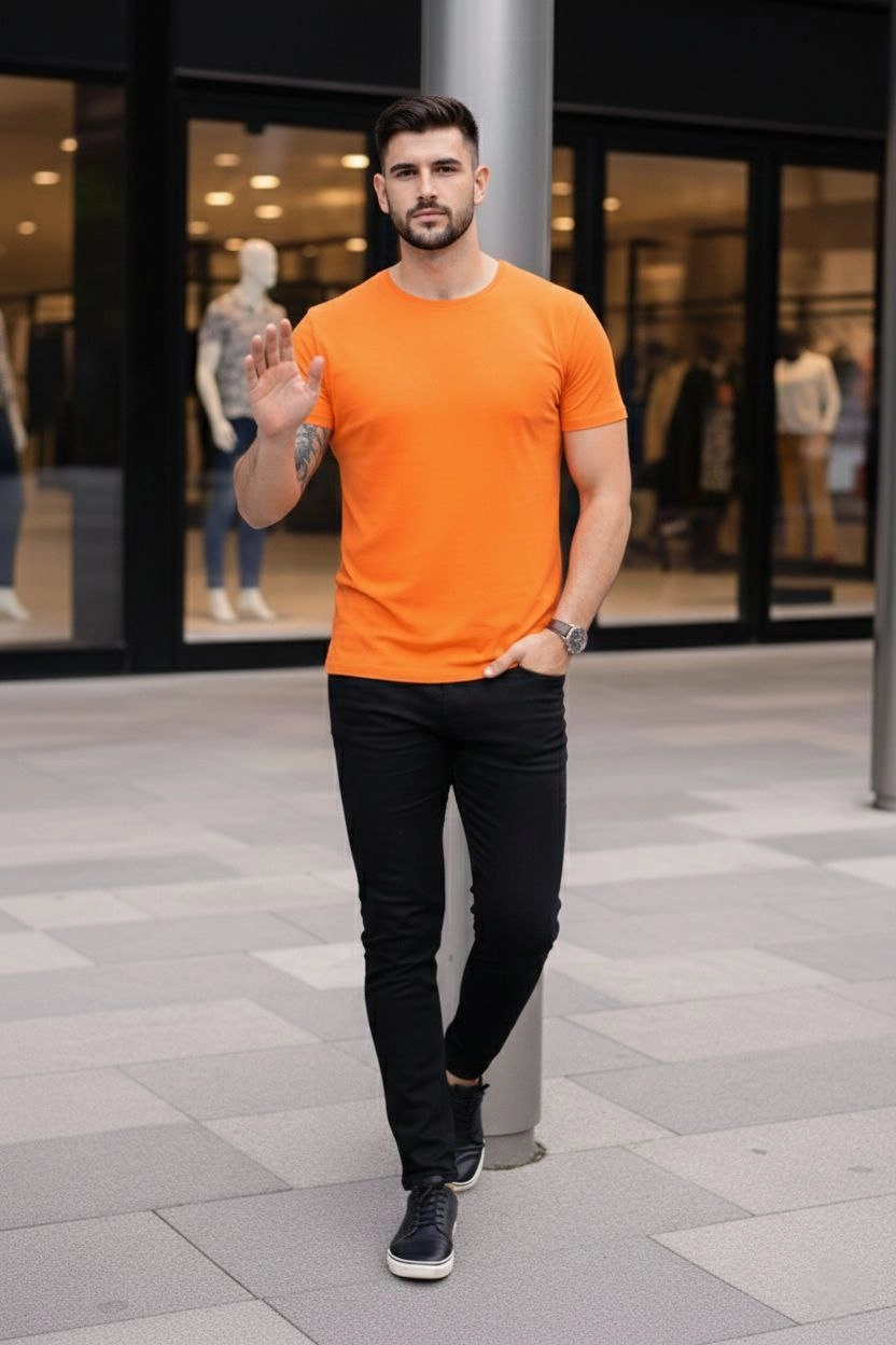 69989de9c5720-63517665-sw832sh1248 Erkek Body Tişört Bisiklet Yaka Slim Fit Likralı T-Shirt - Turuncu - Görsel 2