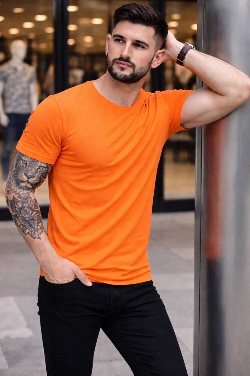 69989de9cbc4f-51759986-sw853sh1280 Erkek Body Tişört Bisiklet Yaka Slim Fit Likralı T-Shirt - Turuncu