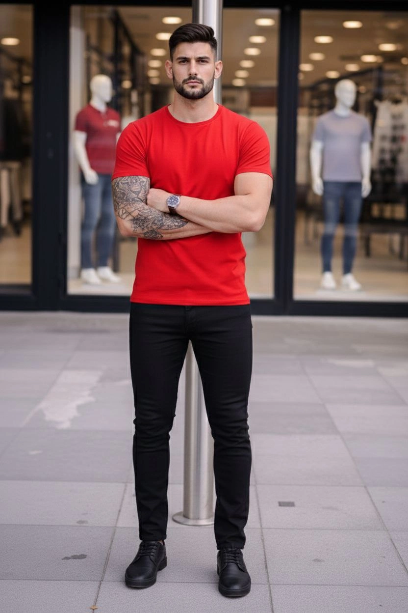 69989e2e90529-98190392-sw832sh1248 Erkek Body Tişört Bisiklet Yaka Slim Fit Likralı T-Shirt - Kırmızı - Görsel 2