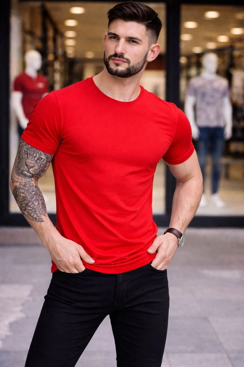 69989e2e986c0-69186771-sw853sh1280 Erkek Body Tişört Bisiklet Yaka Slim Fit Likralı T-Shirt - Kırmızı