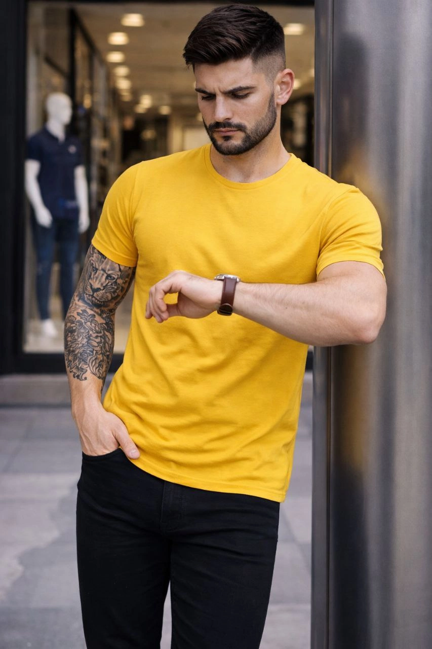 69989fe2a6c16-79311889-sw853sh1280 Erkek Body Tişört Bisiklet Yaka Slim Fit Likralı T-Shirt - Sarı - Görsel 2