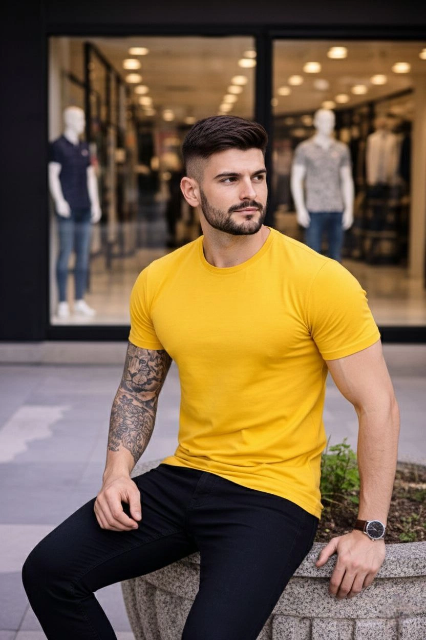 69989fe2a74c5-5516393-sw832sh1248 Erkek Body Tişört Bisiklet Yaka Slim Fit Likralı T-Shirt - Sarı