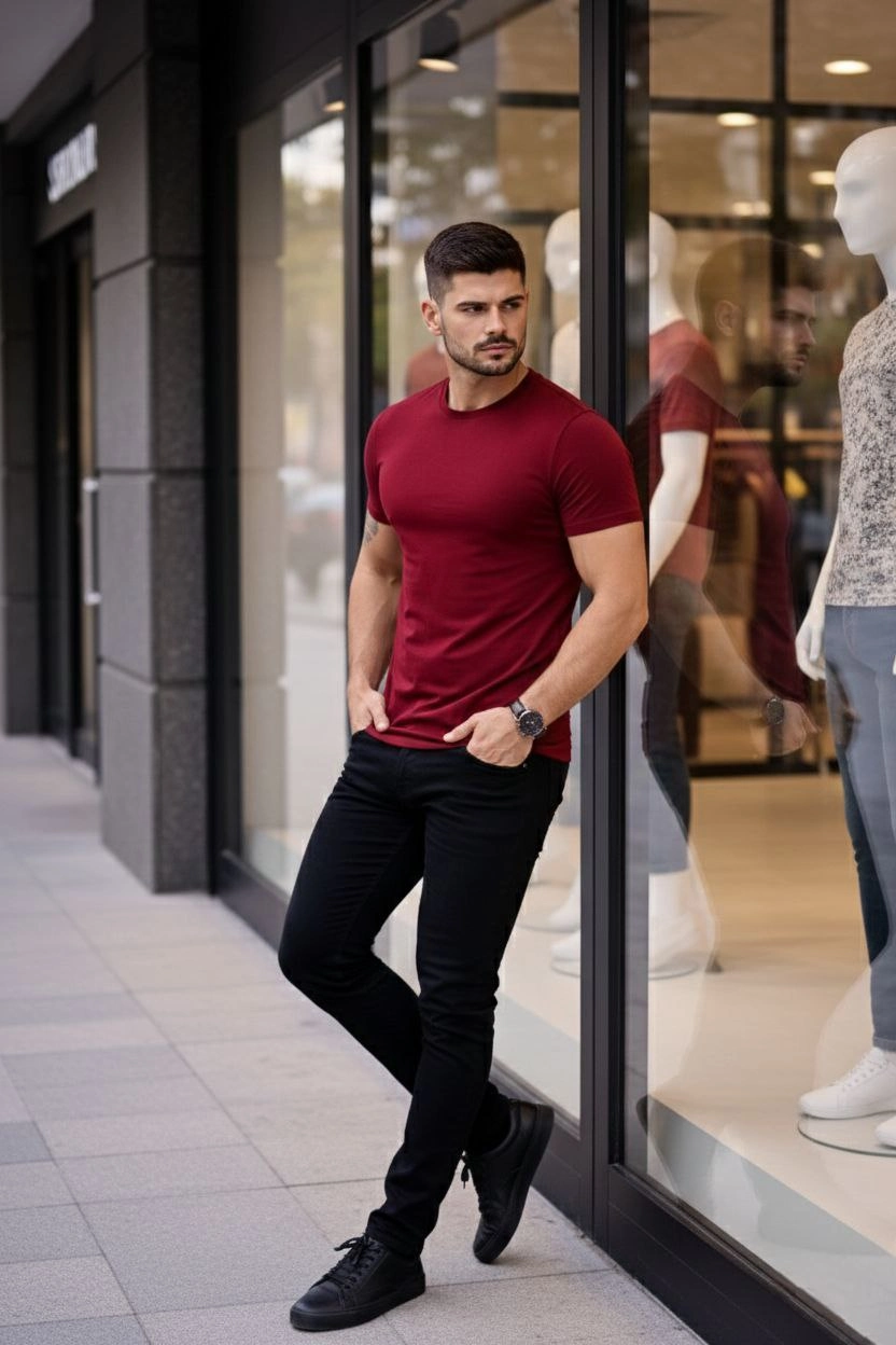 6998a00f0af31-40419793-sw832sh1248 Erkek Body Tişört Bisiklet Yaka Slim Fit Likralı T-Shirt - Bordo - Görsel 2
