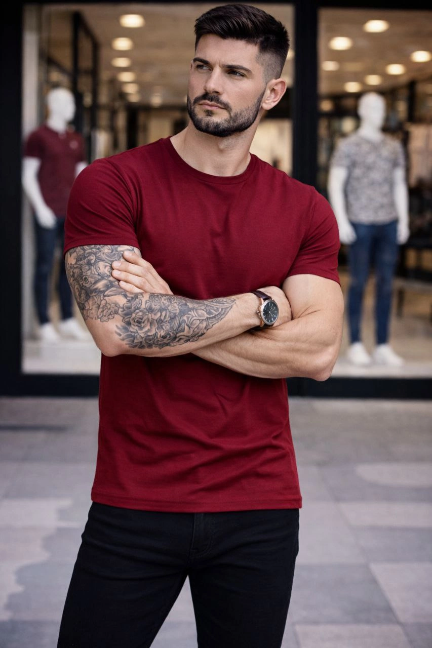 6998a00f0f1df-30338371-sw853sh1280 Erkek Body Tişört Bisiklet Yaka Slim Fit Likralı T-Shirt - Bordo