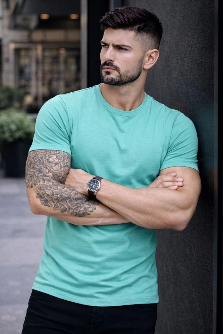 6998a534448b7-48725594-sw853sh1280 Erkek Body Tişört Bisiklet Yaka Slim Fit Likralı T-Shirt - Turkuvaz