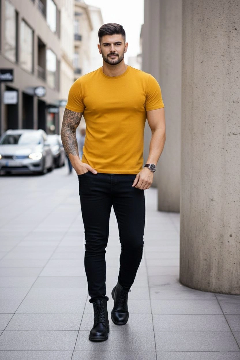 6998a5d7a71af-36400297-sw832sh1248 Erkek Body Tişört Bisiklet Yaka Slim Fit Likralı T-Shirt - Limon - Görsel 2