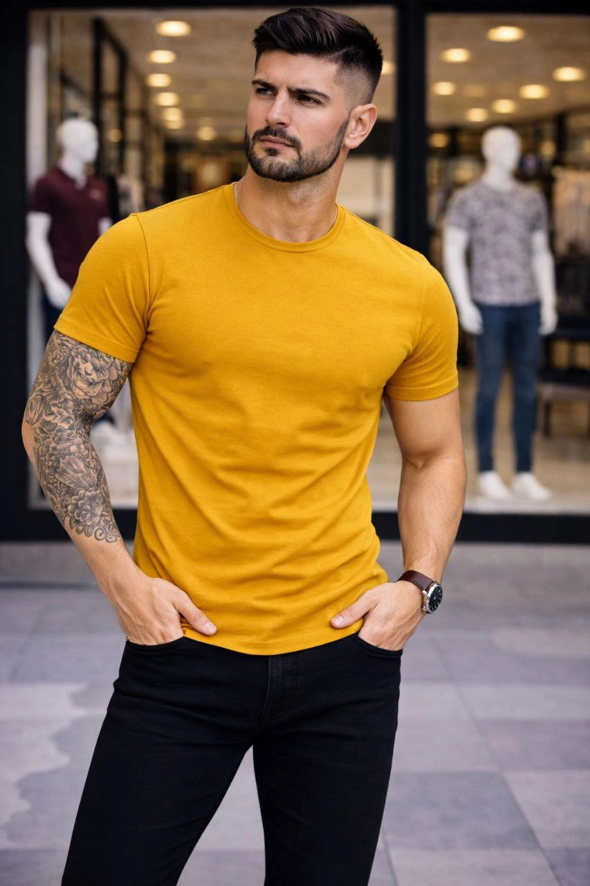 6998a5d7ae62c-10335457-sw853sh1280 Erkek Body Tişört Bisiklet Yaka Slim Fit Likralı T-Shirt - Limon