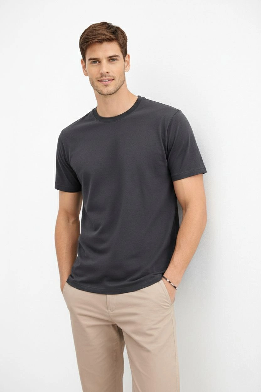 699b019a1402d-37240658-sw832sh1248 Erkek Bisiklet Yaka Yazlık Kısa kol Düz Tişört Regular Kalıp T-shirt - Füme - Görsel 2