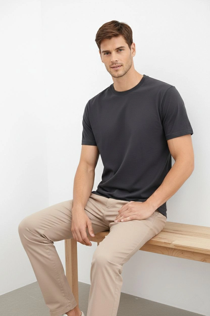 699b019a15d69-25649924-sw832sh1248 Erkek Bisiklet Yaka Yazlık Kısa kol Düz Tişört Regular Kalıp T-shirt - Füme