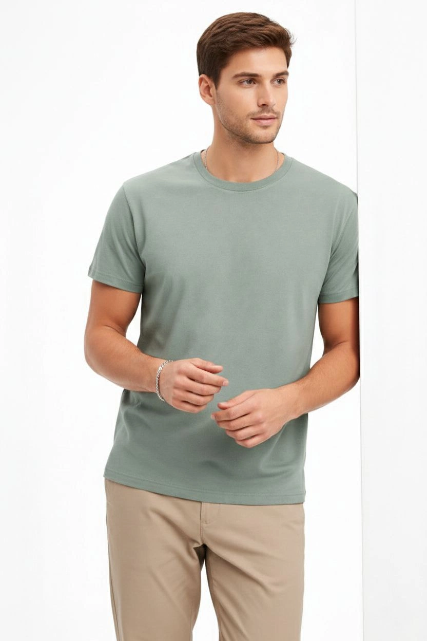 699b025ae02fc-23324457-sw832sh1248 Erkek Bisiklet Yaka Yazlık Kısa kol Düz Tişört Regular Kalıp T-shirt - Mint Yeşili