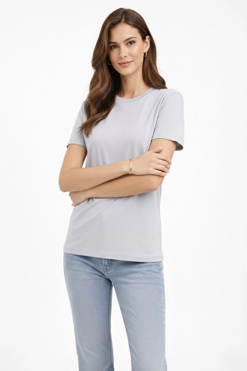 699b045878d52-54941170-sw832sh1248 Kadın Bisiklet Yaka Yazlık Kısa kol Düz Tişört Regular Kalıp T-shirt - Gri