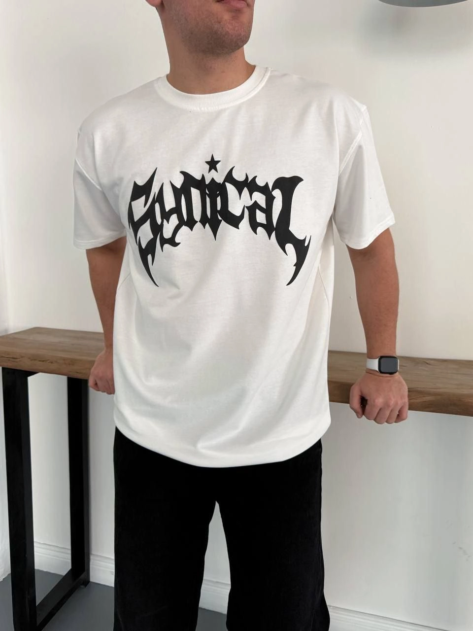 699b0d587d845-90024426-sw960sh1280 Erkek Kısa Kol Yazlık Tişört Bisiklet Yaka Baskılı Oversize T-Shirt - Beyaz - Görsel 2