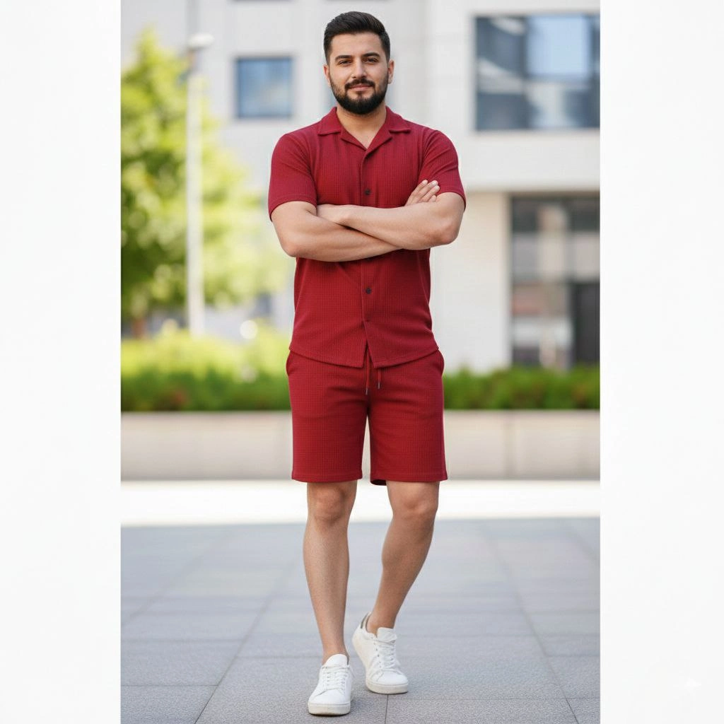 699b0ed6e7c9b-37572969-sw1024sh1024 Erkek Waffle Kumaş Kısa Kol Gömlek Şort Takım Regular Yazlık İkili Set - Bordo