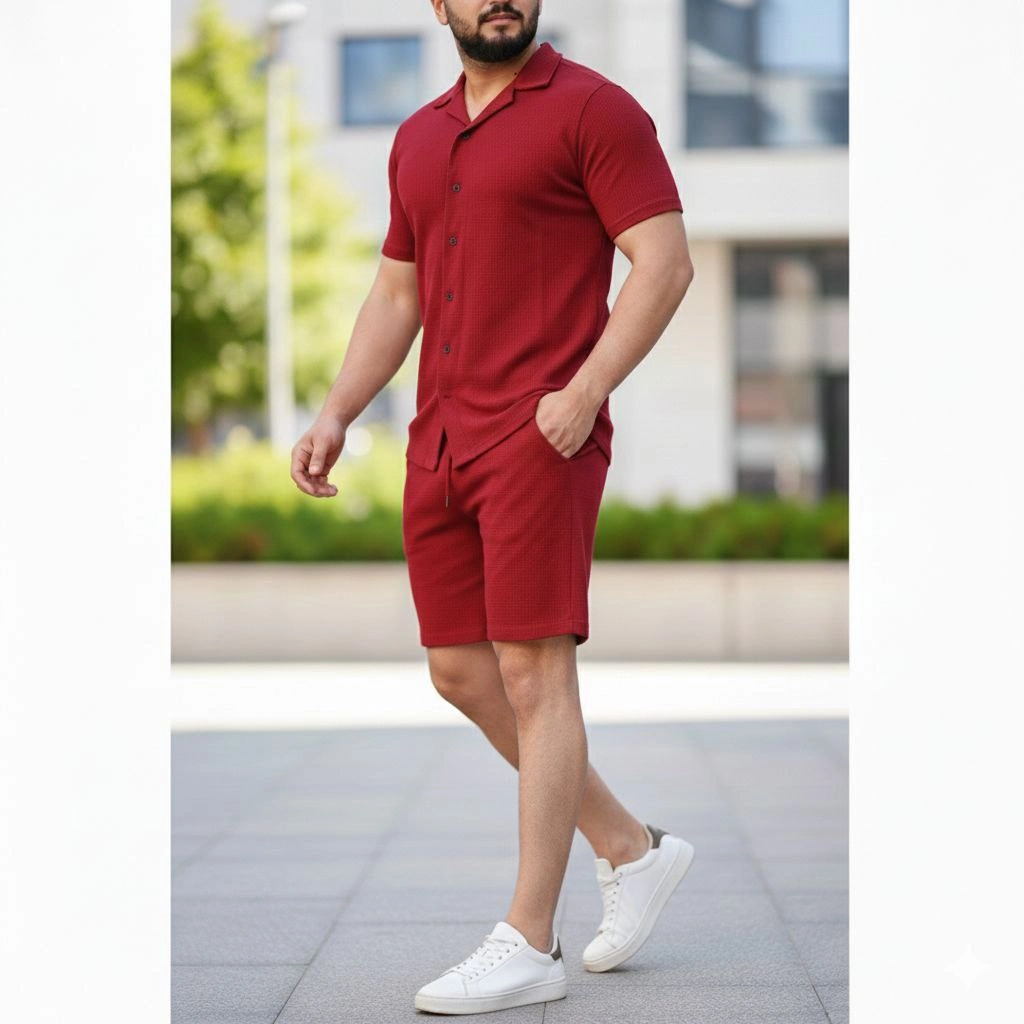 699b0ed6e7f10-89001334-sw1024sh1024 Erkek Waffle Kumaş Kısa Kol Gömlek Şort Takım Regular Yazlık İkili Set - Bordo - Görsel 2