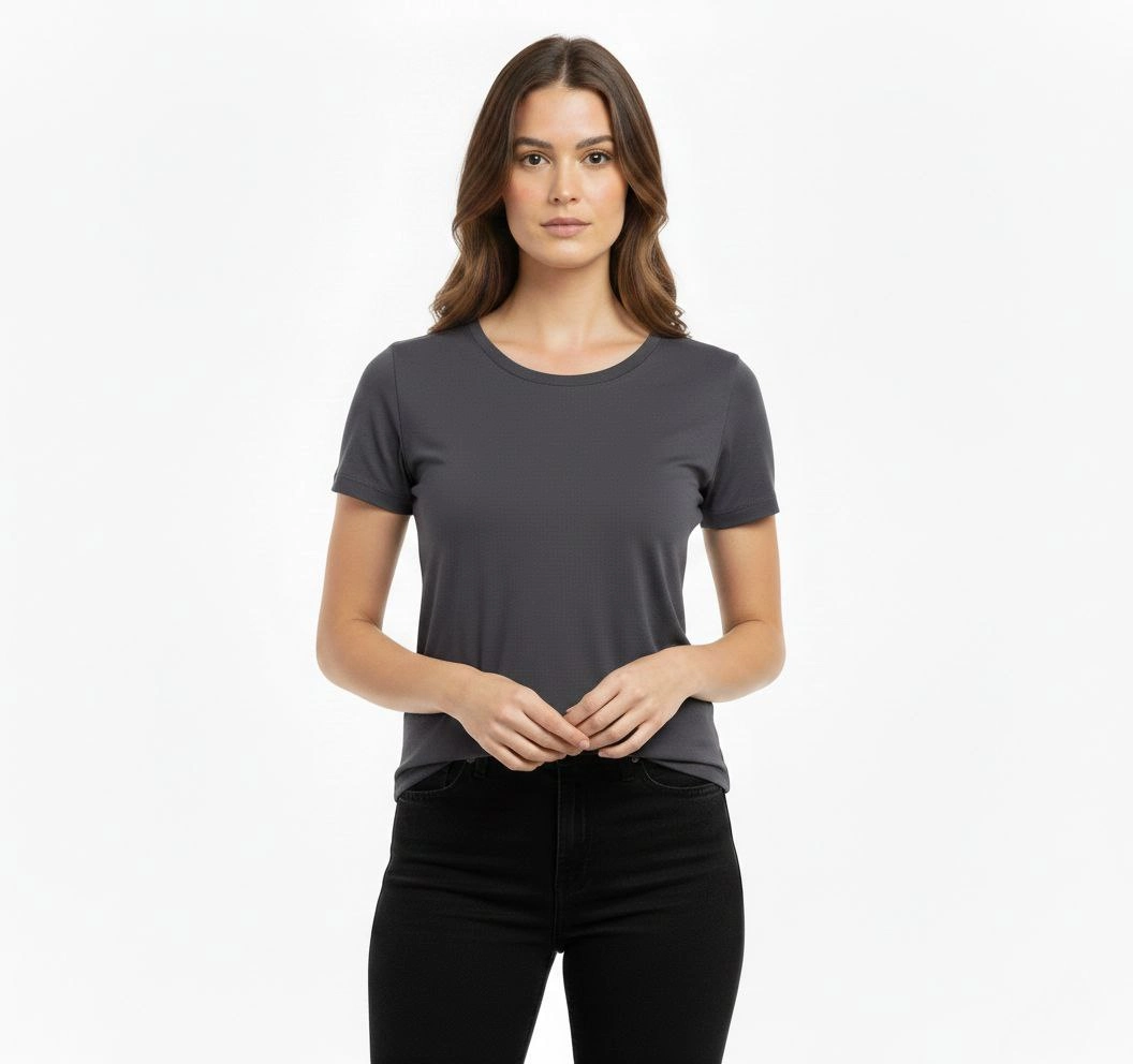 699da3d002dfe-91524414-sw1056sh992 Kadın T-Shirt Bisiklet Yaka Slim Fit Likralı Tişört Yazlık Basic Body - Füme