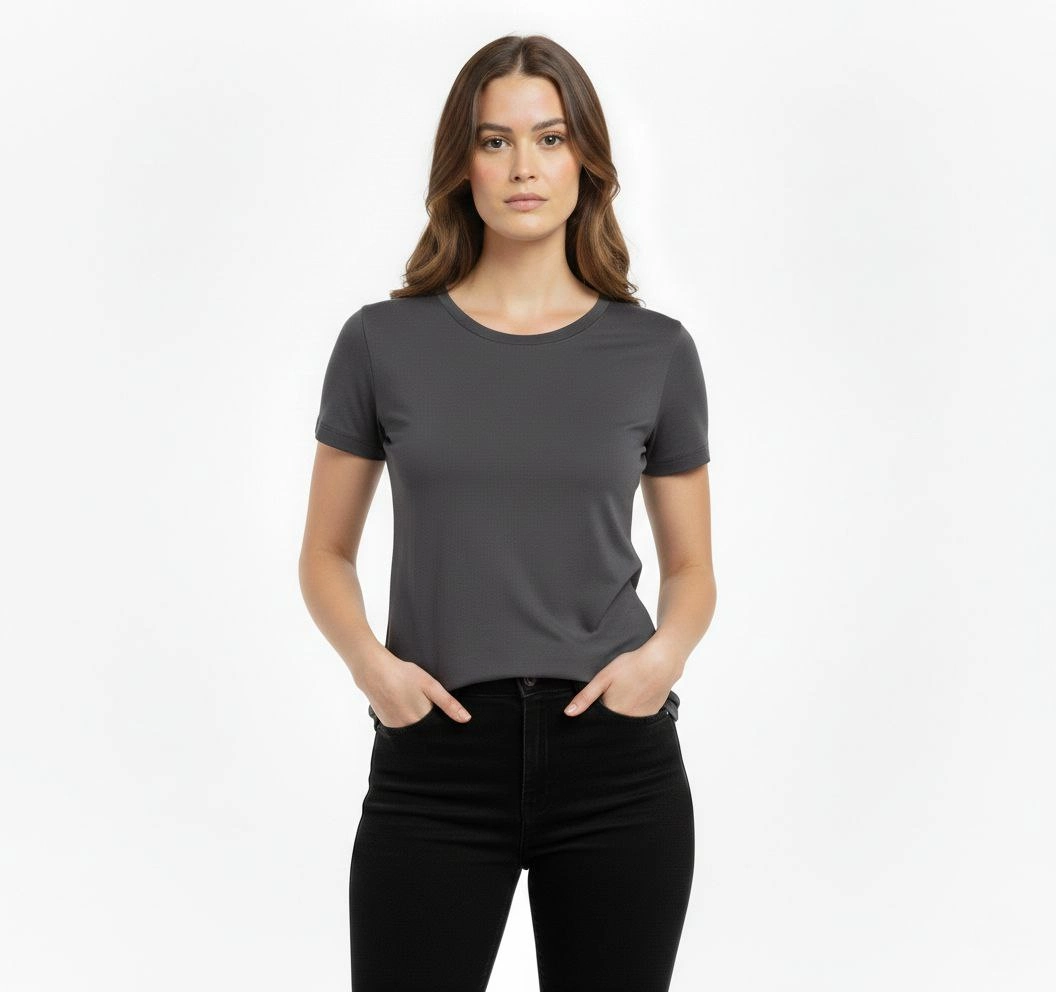 699da3d0037b3-61547621-sw1056sh992 Kadın T-Shirt Bisiklet Yaka Slim Fit Likralı Tişört Yazlık Basic Body - Füme - Görsel 2