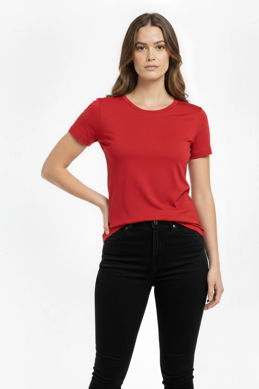 699da410a80ff-88587019-sw832sh1248 Kadın Bisiklet Yaka Slim Fit Likralı Tişört - Kırmızı - Görsel 2