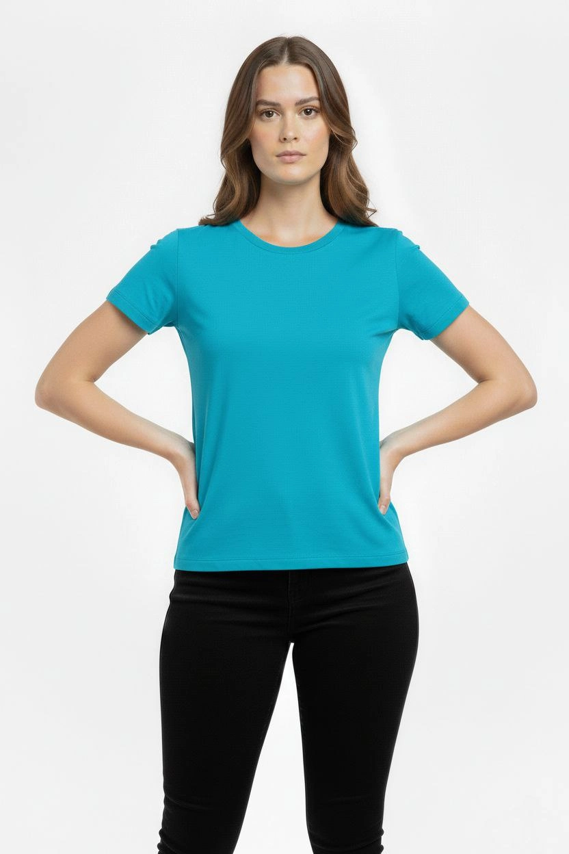 699da46910079-29992977-sw832sh1248 Kadın T-Shirt Bisiklet Yaka Slim Fit Likralı Tişört Yazlık Basic Body - Turkuvaz