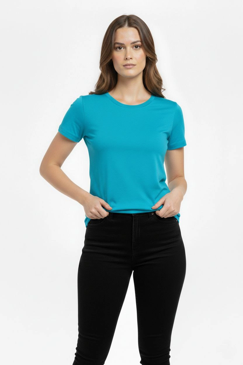 699da469131eb-379352-sw832sh1248 Kadın T-Shirt Bisiklet Yaka Slim Fit Likralı Tişört Yazlık Basic Body - Turkuvaz - Görsel 2