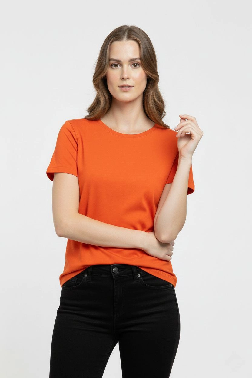 699da5290e613-79008641-sw832sh1248 Kadın T-Shirt Bisiklet Yaka Slim Fit Likralı Tişört Yazlık Basic Body - Turuncu - Görsel 2